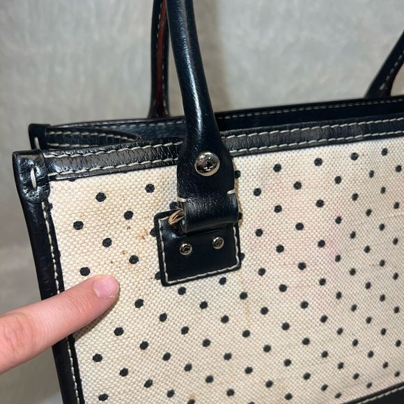Kate spade Polka Dot Wellesley Quinn Black Khaki Canvas Leather Tote - Picture 7 of 16